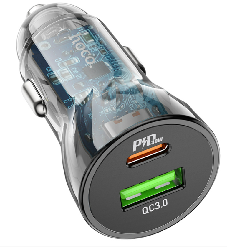 Автомобильная зарядка HOCO Z47A Transparent 1xUSB-1xUSB-C, 3А PD30W QC3.0, черный