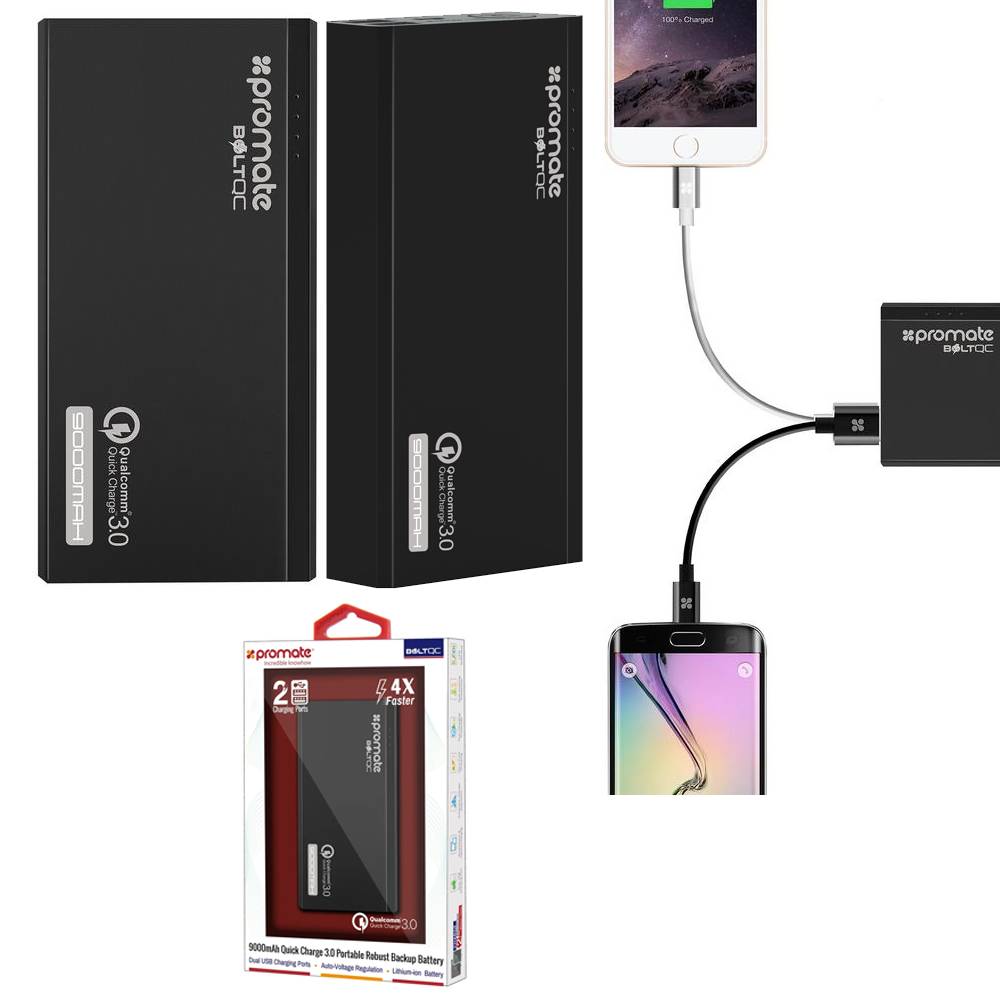 Power Bank 9000mA PROMATE BoltQC (2 USB выхода 2,4A/3A, QC 3.0) черный