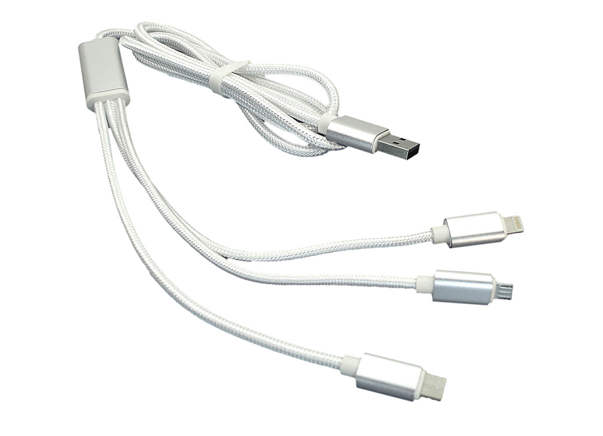 Кабель для зарядки USB (3-в-1)  ( Apple Lightning 8Pin, USB Type-C, USB-Micro) ШНУРОК. 1m. Белый