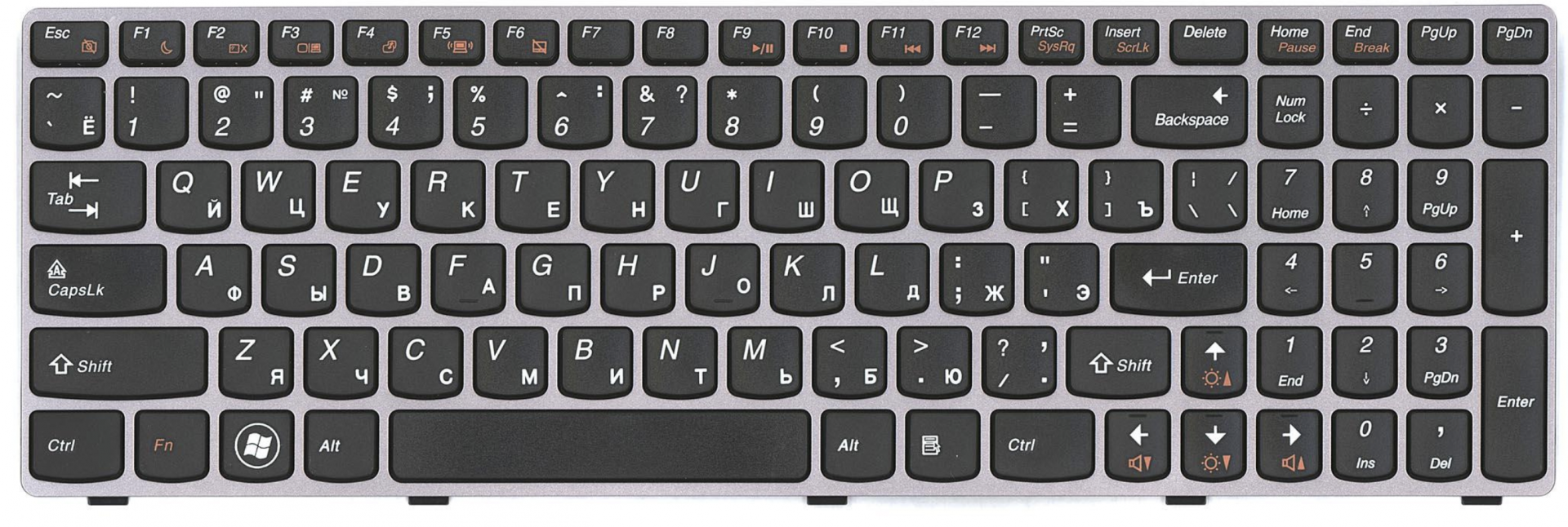 Клавиатура Lenovo IdeaPad Z570 с серой рамкой, OEM