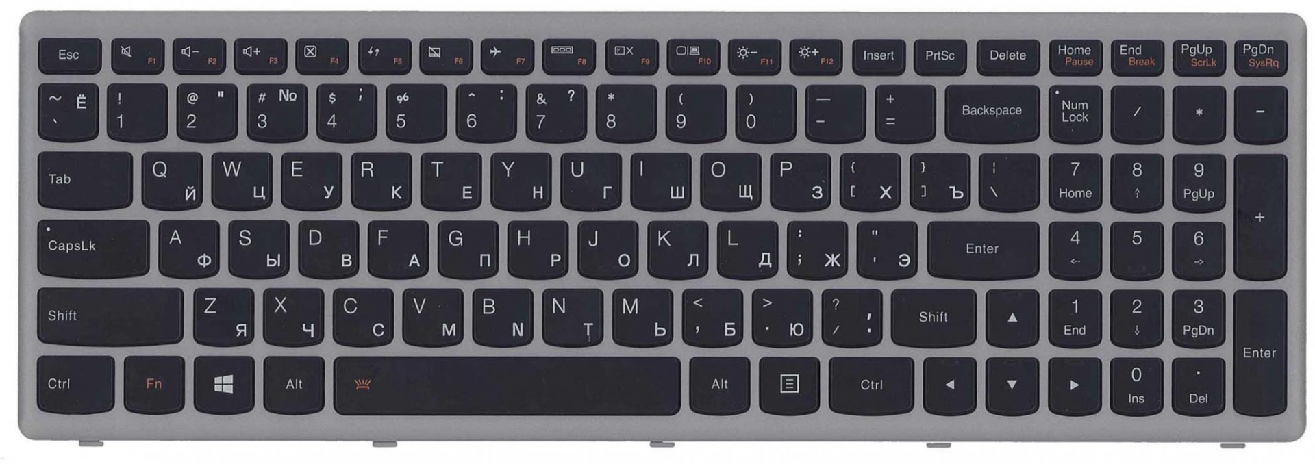 Клавиатура Lenovo IdeaPad Flex G500S с подсветкой, серебристая рамка, OEM