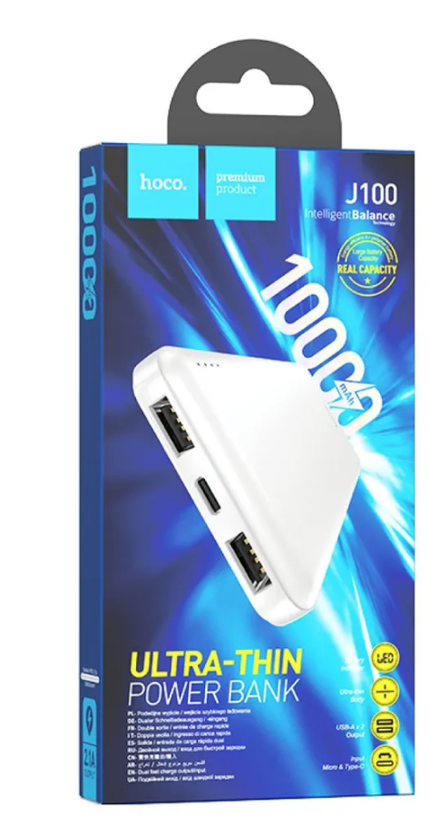Внешний аккумулятор Powerbank HOCO J100 High-ranking, 10000mAh, 2.1A, 2xUSB/1xType-C, белый