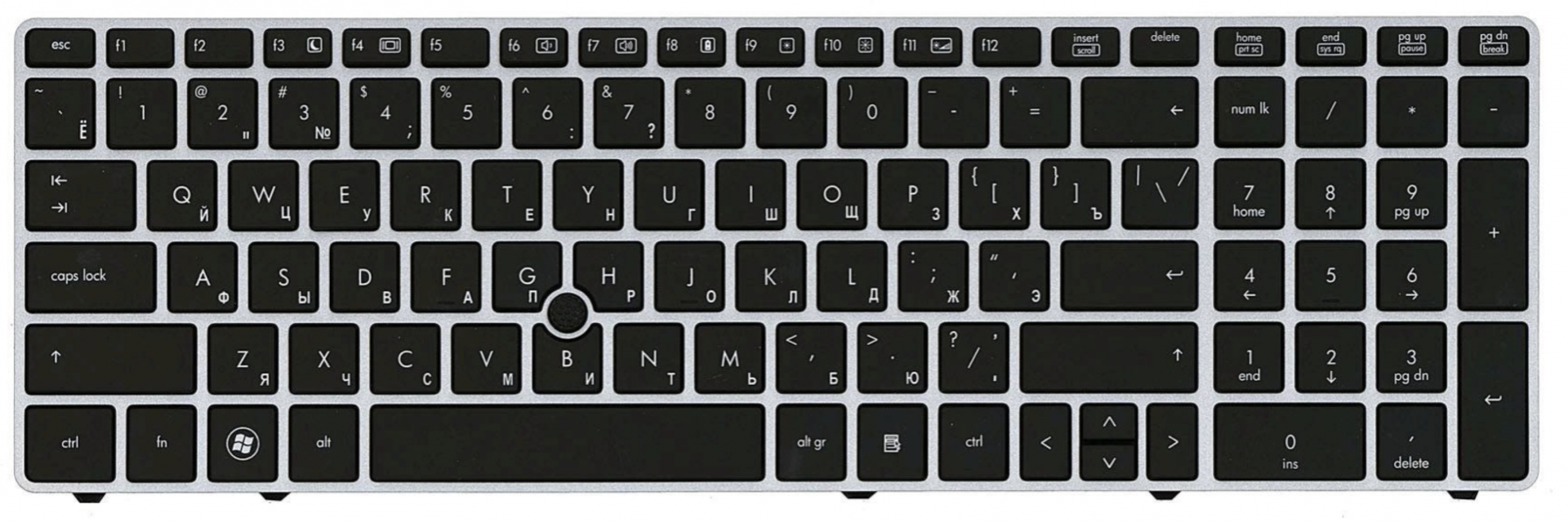 Клавиатура HP Elitebook 8560p серебристая рамка, trackpoint, OEM