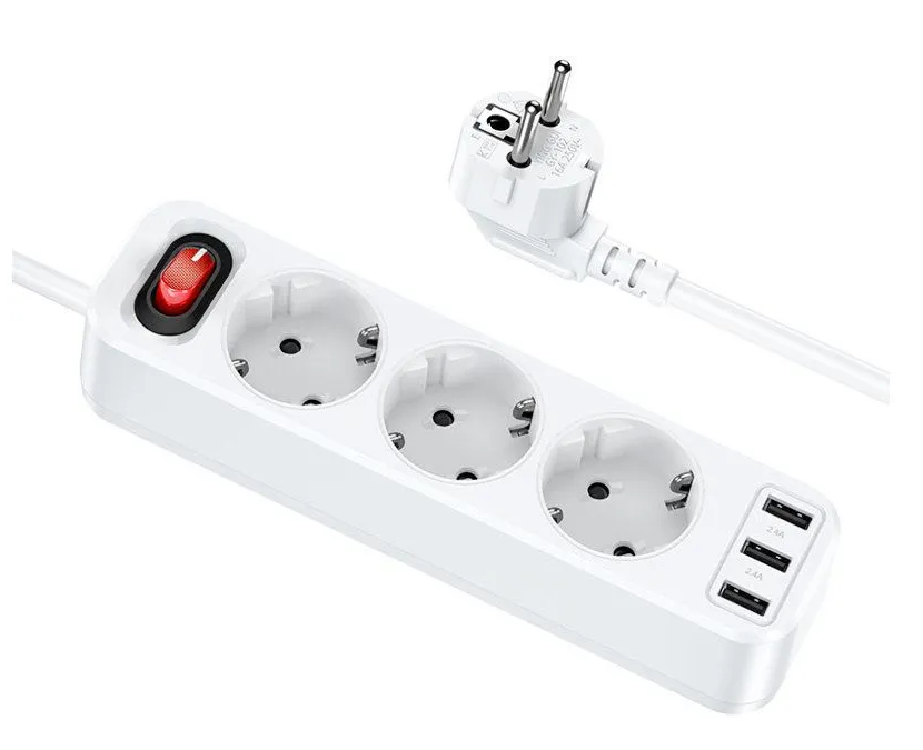 Сетевой фильтр Hoco NS2, 3 EU розетки, 4000W, с портами 3xUSB, 2.4A, 1.8м белый