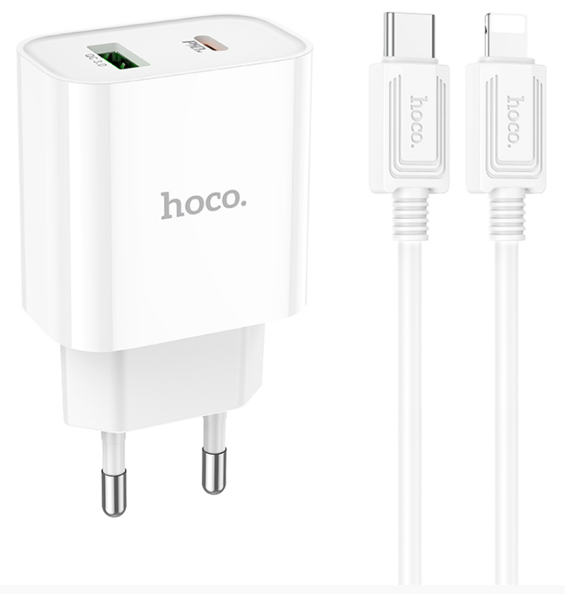 Блок питания (сетевой адаптер) HOCO C80A Plus с кабелем Type-C-Lightning, QC3.0, 20W, белый