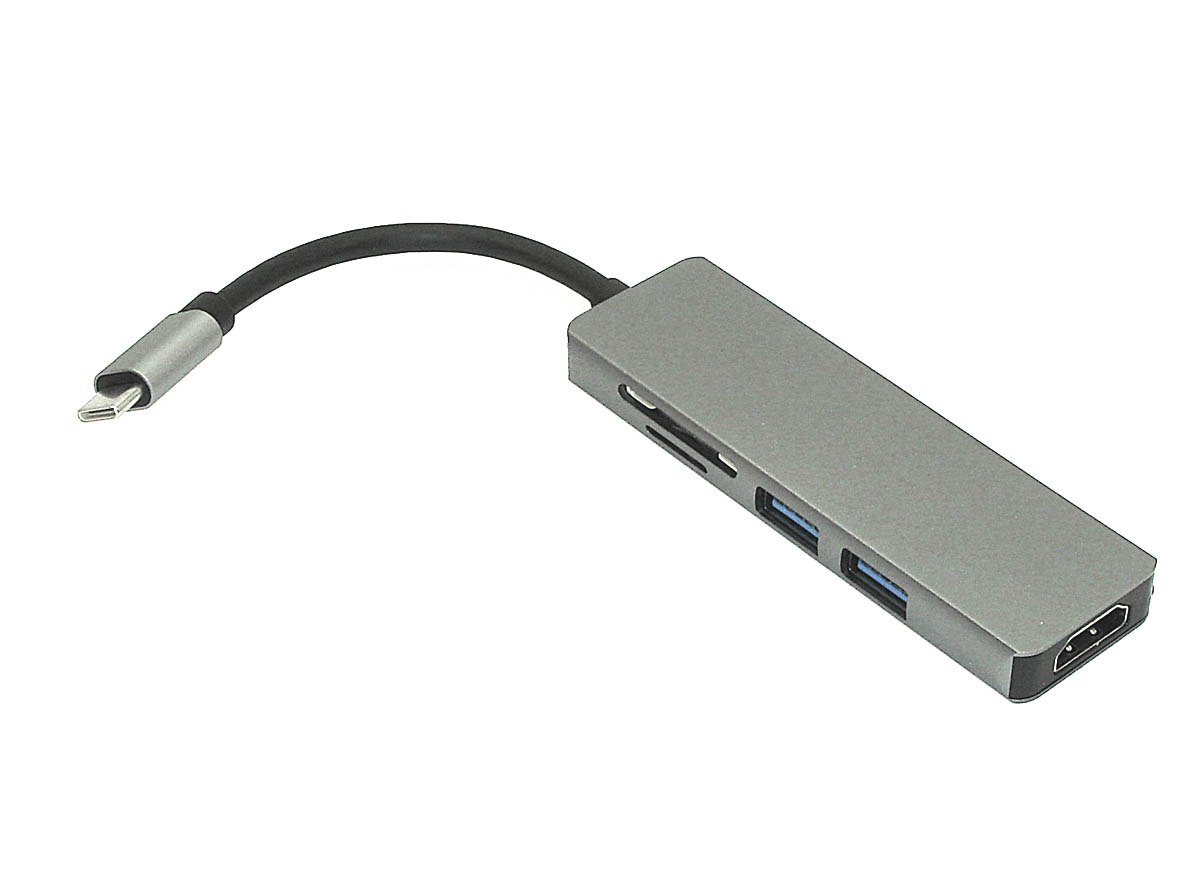 Адаптер Type C на HDMI, USB 3.0*2 + SD/TF для MacBook серебро