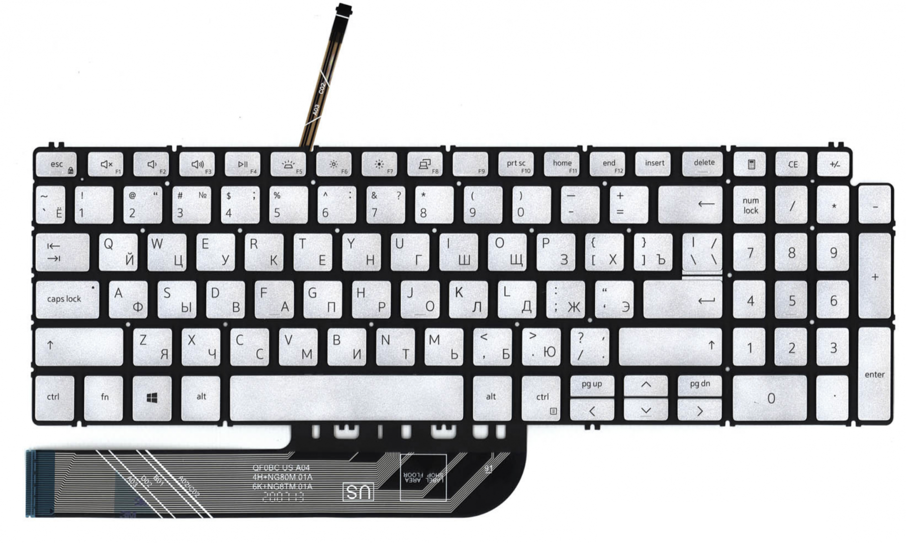 Клавиатура Dell Inspiron 5593 серебристая, с подсветкой, OEM